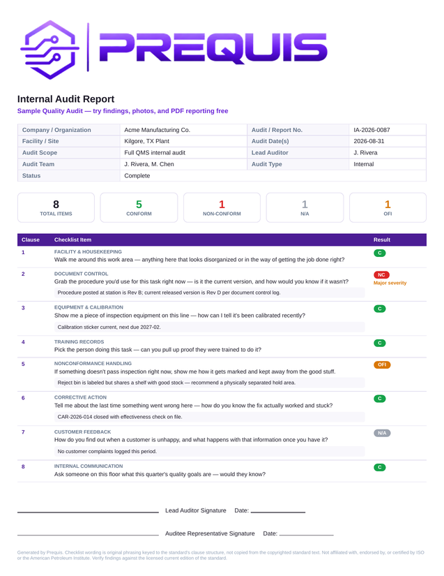 Prequis internal audit report PDF showing graded findings and signature block