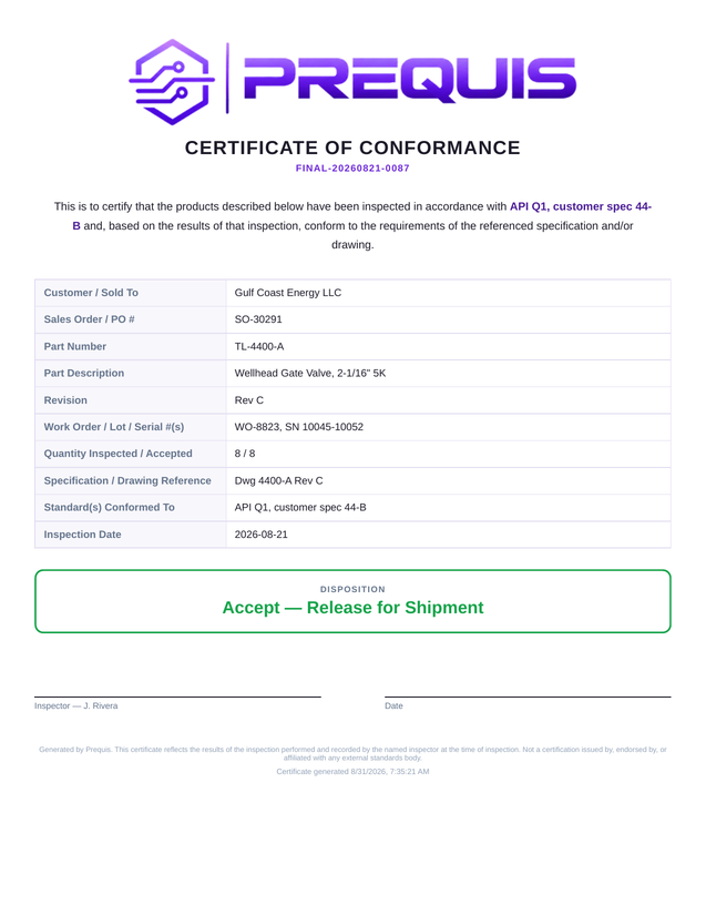 Prequis Certificate of Conformance PDF for a released shipment