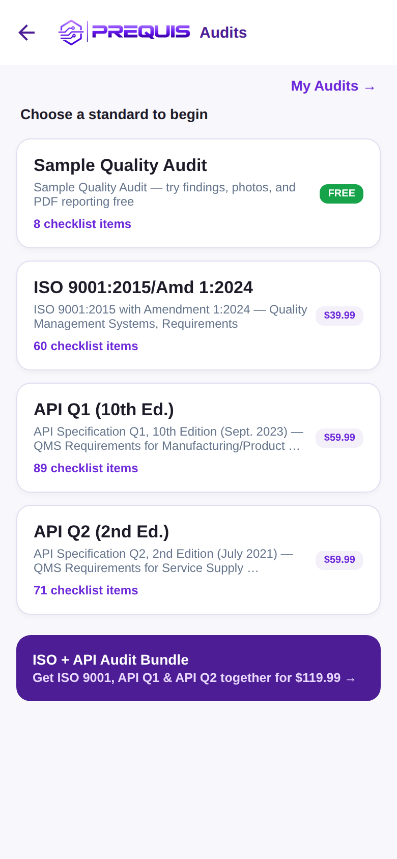 Audit standard picker showing ISO 9001, API Q1 and API Q2 packs