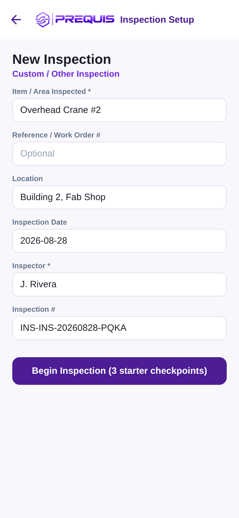 Inspection setup screen with equipment and work order fields