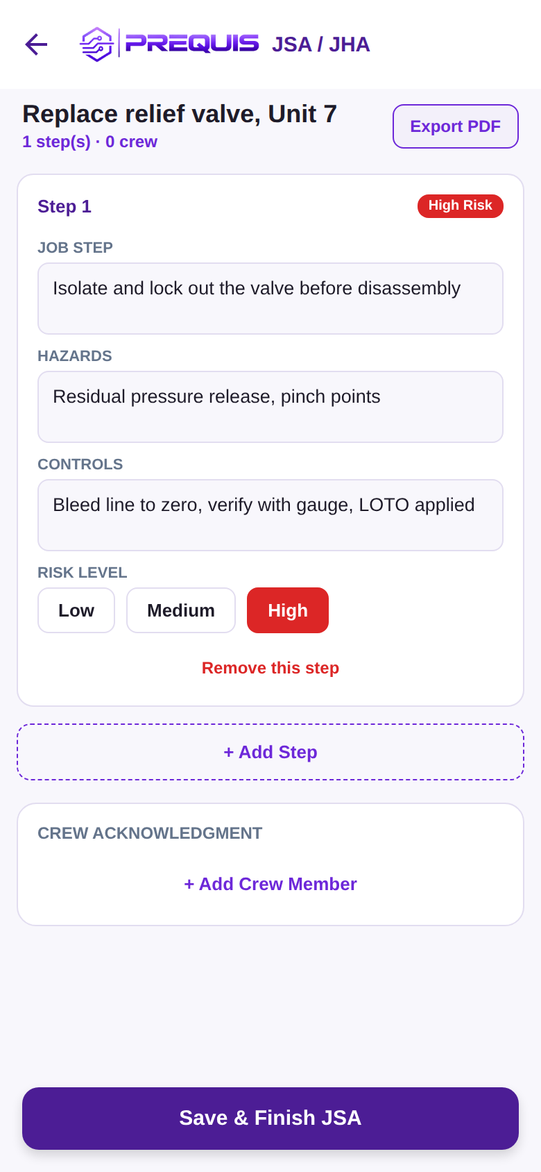JSA builder showing job step, hazards, controls and risk level